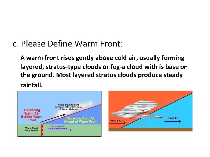 c. Please Define Warm Front: A warm front rises gently above cold air, usually