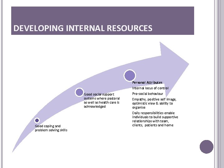 DEVELOPING INTERNAL RESOURCES Good social support systems where pastoral as well as health care DEVELOPING INTERNAL RESOURCES Good social support systems where pastoral as well as health care