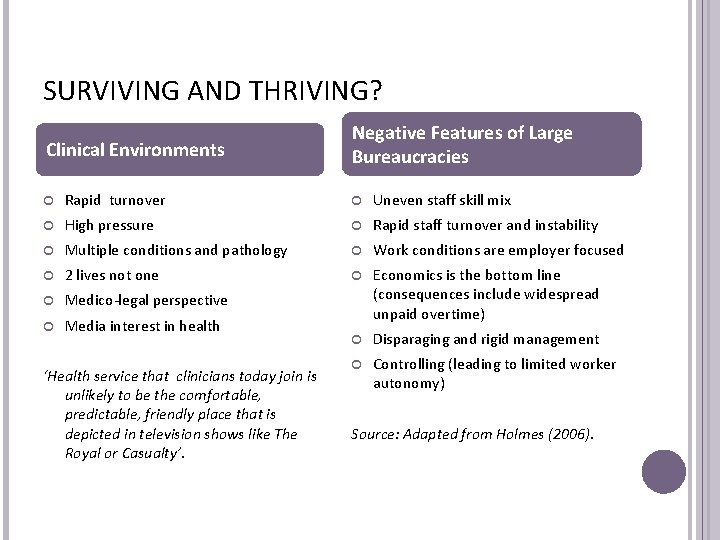 SURVIVING AND THRIVING? Clinical Environments Negative Features of Large Bureaucracies Rapid turnover Uneven staff SURVIVING AND THRIVING? Clinical Environments Negative Features of Large Bureaucracies Rapid turnover Uneven staff