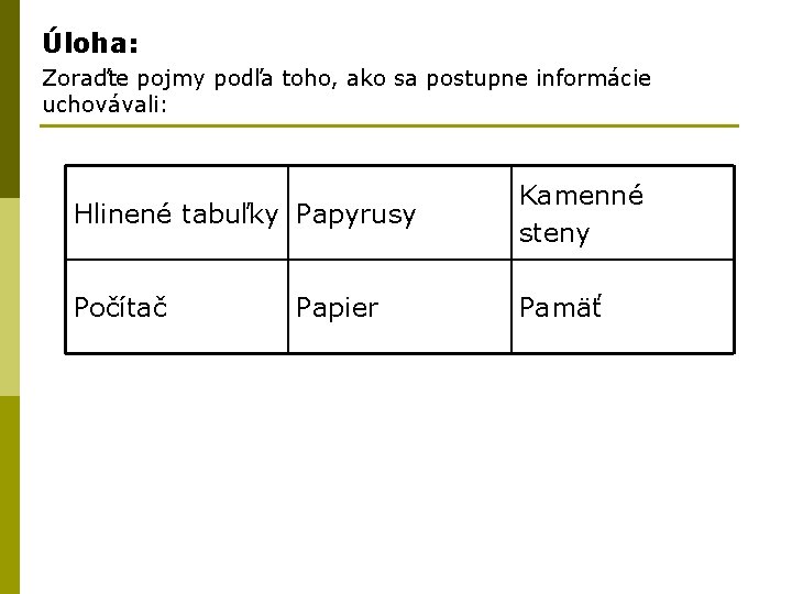 Úloha: Zoraďte pojmy podľa toho, ako sa postupne informácie uchovávali: Hlinené tabuľky Papyrusy Kamenné