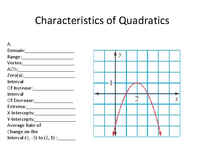 Characteristics of Quadratics A. Domain: __________ Range: __________ Vertex: __________ AOS: ___________ Zero(s): __________