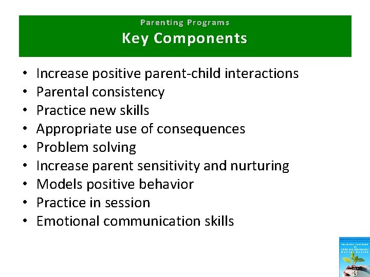 Parenting Programs Key Components • • • Increase positive parent-child interactions Parental consistency Practice