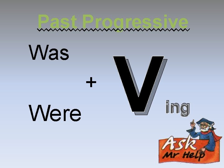 Past Progressive Was + Were V ing Past Progressive Was + Were V ing