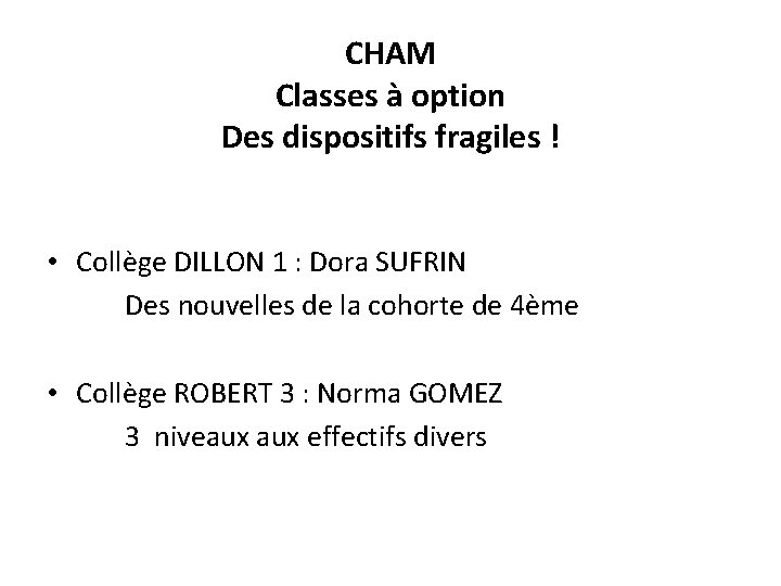 CHAM Classes à option Des dispositifs fragiles ! • Collège DILLON 1 : Dora