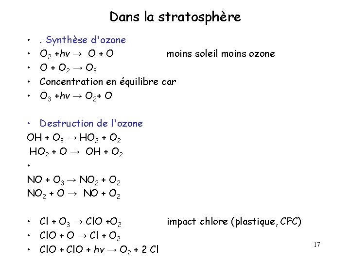 Dans la stratosphère • • • . Synthèse d'ozone O 2 +hv → O Dans la stratosphère • • • . Synthèse d'ozone O 2 +hv → O
