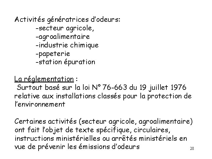 Activités génératrices d’odeurs: -secteur agricole, -agroalimentaire -industrie chimique -papeterie -station épuration La réglementation : Activités génératrices d’odeurs: -secteur agricole, -agroalimentaire -industrie chimique -papeterie -station épuration La réglementation :