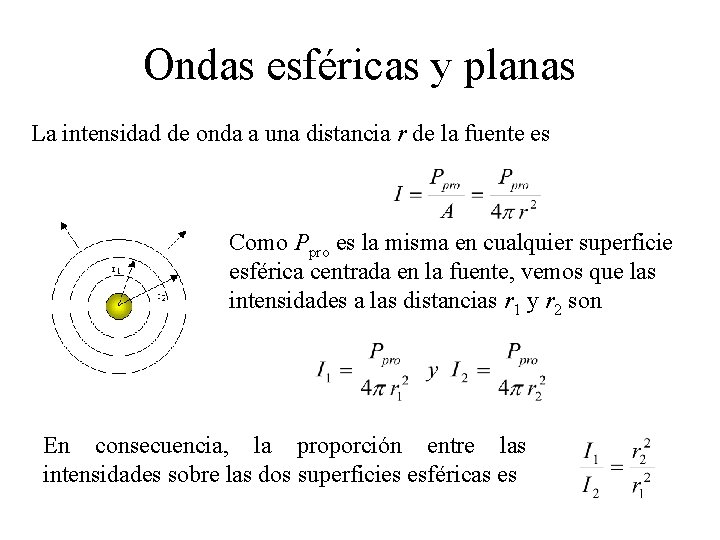 Ondas esféricas y planas La intensidad de onda a una distancia r de la Ondas esféricas y planas La intensidad de onda a una distancia r de la
