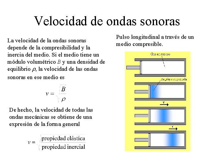 Velocidad de ondas sonoras La velocidad de la ondas sonoras depende de la compresibilidad Velocidad de ondas sonoras La velocidad de la ondas sonoras depende de la compresibilidad