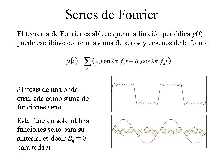 Series de Fourier El teorema de Fourier establece que una función periódica y(t) puede Series de Fourier El teorema de Fourier establece que una función periódica y(t) puede