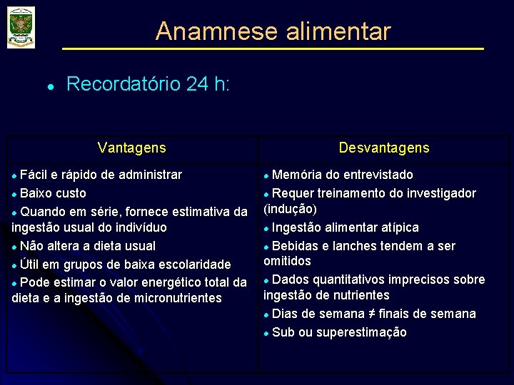 Anamnese alimentar l Recordatório 24 h: Vantagens Fácil e rápido de administrar l Baixo