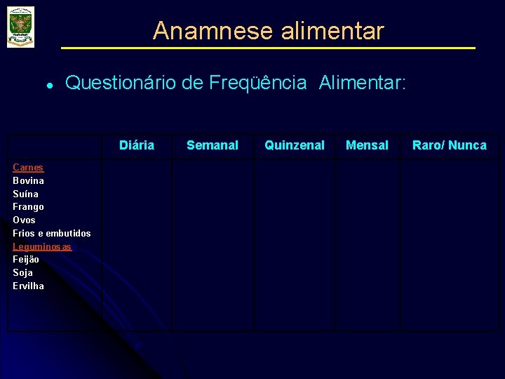 Anamnese alimentar l Questionário de Freqüência Alimentar: Diária Carnes Bovina Suína Frango Ovos Frios