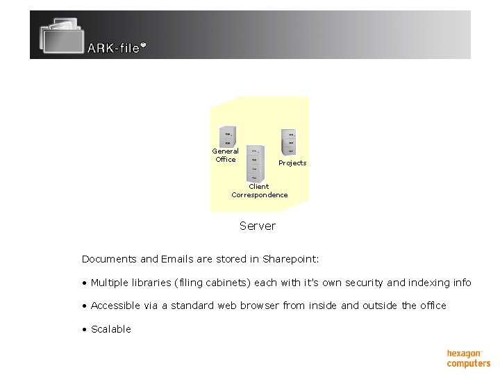 General Office Projects Client Correspondence Server Documents and Emails are stored in Sharepoint: •