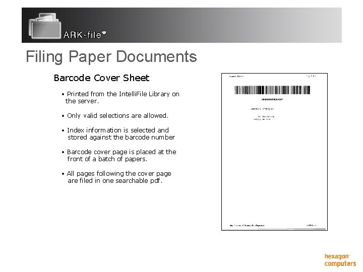 Filing Paper Documents Barcode Cover Sheet • Printed from the Intelli. File Library on