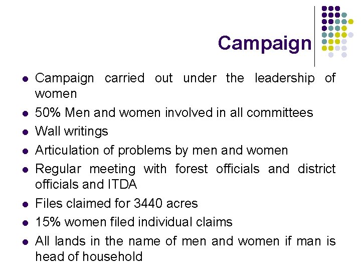 Campaign l l l l Campaign carried out under the leadership of women 50%