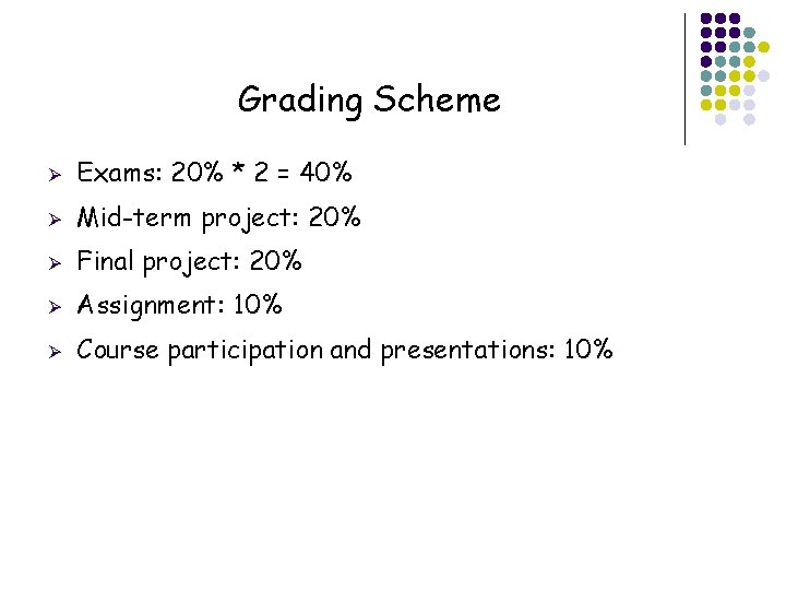 Grading Scheme 6 Ø Exams: 20% * 2 = 40% Ø Mid-term project: 20%