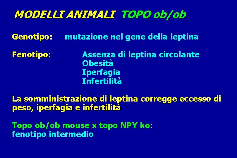 MODELLI ANIMALI TOPO ob/ob Genotipo: mutazione nel gene della leptina Fenotipo: Assenza di leptina
