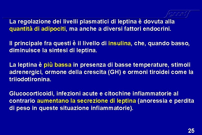 La regolazione dei livelli plasmatici di leptina è dovuta alla quantità di adipociti, ma