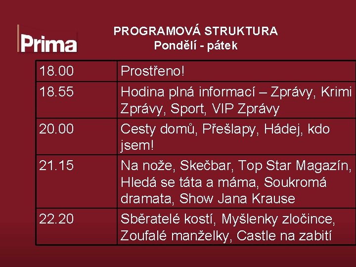 PROGRAMOVÁ STRUKTURA Pondělí - pátek 18. 00 18. 55 20. 00 21. 15 22.