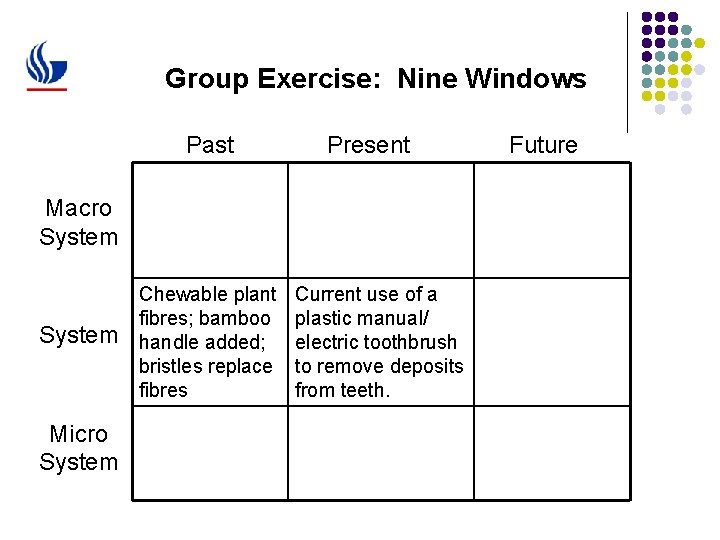 Group Exercise: Nine Windows Past Present Macro System Micro System Chewable plant fibres; bamboo