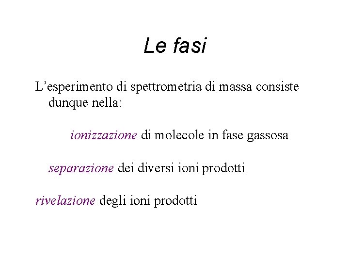 Le fasi L’esperimento di spettrometria di massa consiste dunque nella: ionizzazione di molecole in