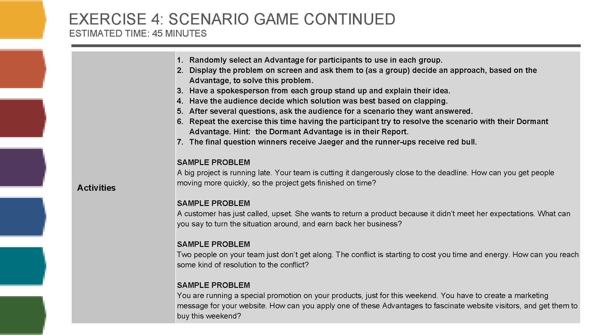 EXERCISE 4: SCENARIO GAME CONTINUED ESTIMATED TIME: 45 MINUTES 1. Randomly select an Advantage