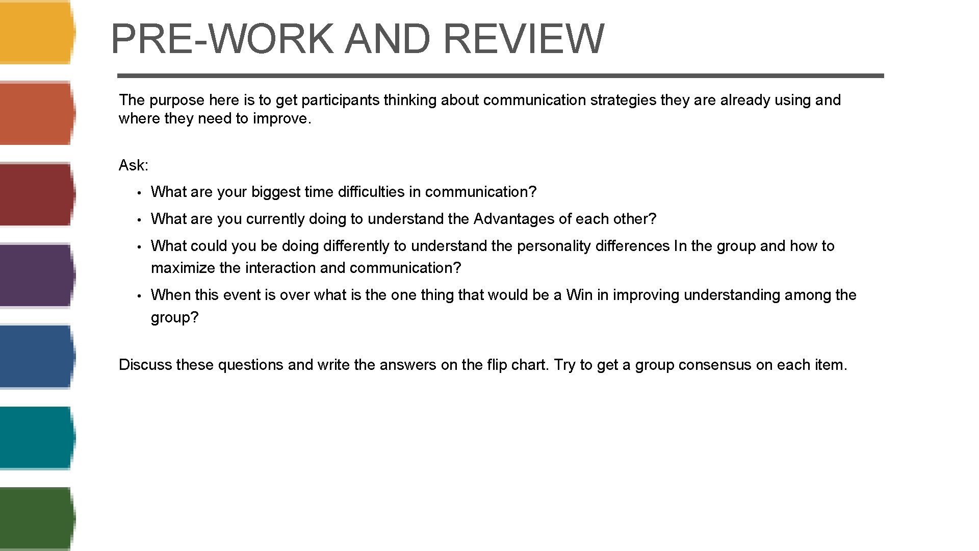 PRE-WORK AND REVIEW The purpose here is to get participants thinking about communication strategies