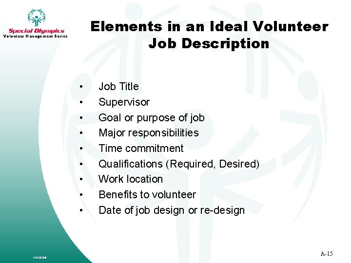 Elements in an Ideal Volunteer Job Description Volunteer Management Series • • • 11/5/2020©