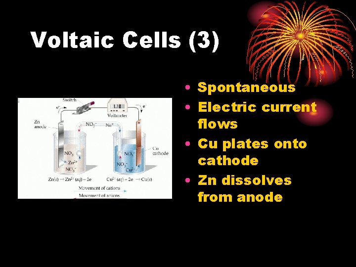 Voltaic Cells (3) • Spontaneous • Electric current flows • Cu plates onto cathode Voltaic Cells (3) • Spontaneous • Electric current flows • Cu plates onto cathode