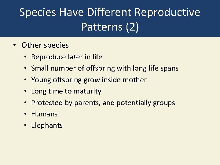 Species Have Different Reproductive Patterns (2) • Other species • • Reproduce later in