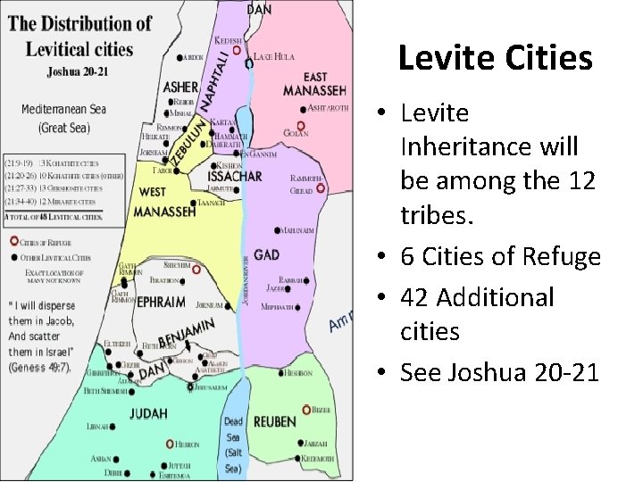 Levite Cities • Levite Inheritance will be among the 12 tribes. • 6 Cities