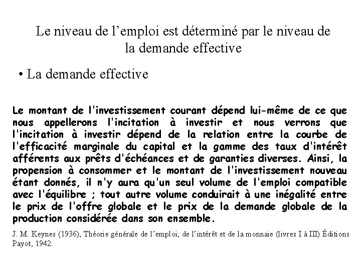 Le niveau de l’emploi est déterminé par le niveau de la demande effective • Le niveau de l’emploi est déterminé par le niveau de la demande effective •