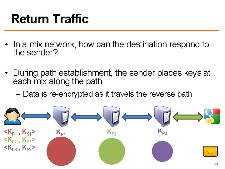 Return Traffic • In a mix network, how can the destination respond to the