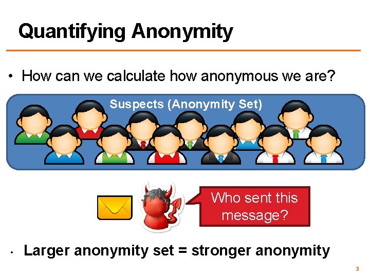 Quantifying Anonymity • How can we calculate how anonymous we are? Suspects (Anonymity Set)