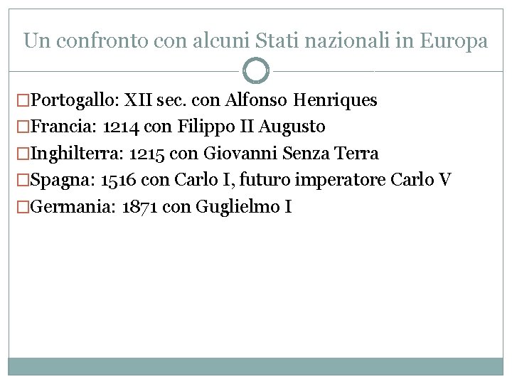 Un confronto con alcuni Stati nazionali in Europa �Portogallo: XII sec. con Alfonso Henriques