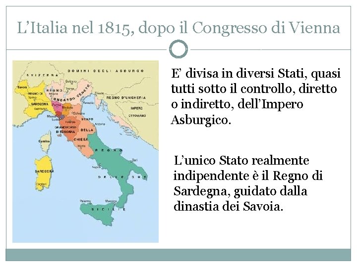 L’Italia nel 1815, dopo il Congresso di Vienna E’ divisa in diversi Stati, quasi