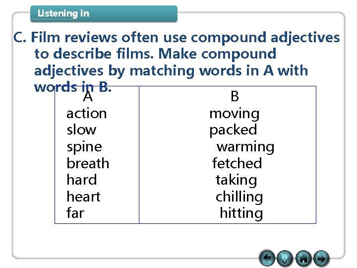 Listening in C. Film reviews often use compound adjectives to describe films. Make compound Listening in C. Film reviews often use compound adjectives to describe films. Make compound