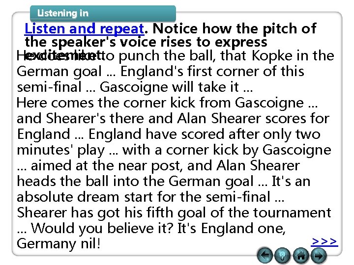 Listening in Listen and repeat. Notice how the pitch of the speaker's voice rises Listening in Listen and repeat. Notice how the pitch of the speaker's voice rises