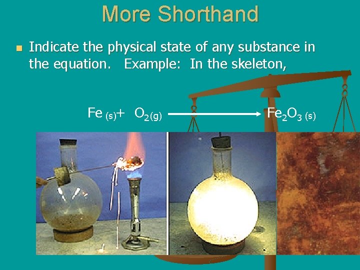 More Shorthand n Indicate the physical state of any substance in the equation. Example: