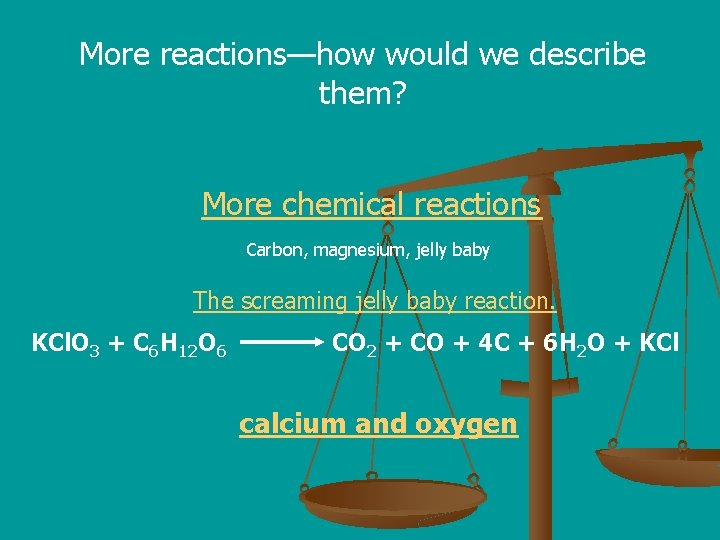 More reactions—how would we describe them? More chemical reactions Carbon, magnesium, jelly baby The