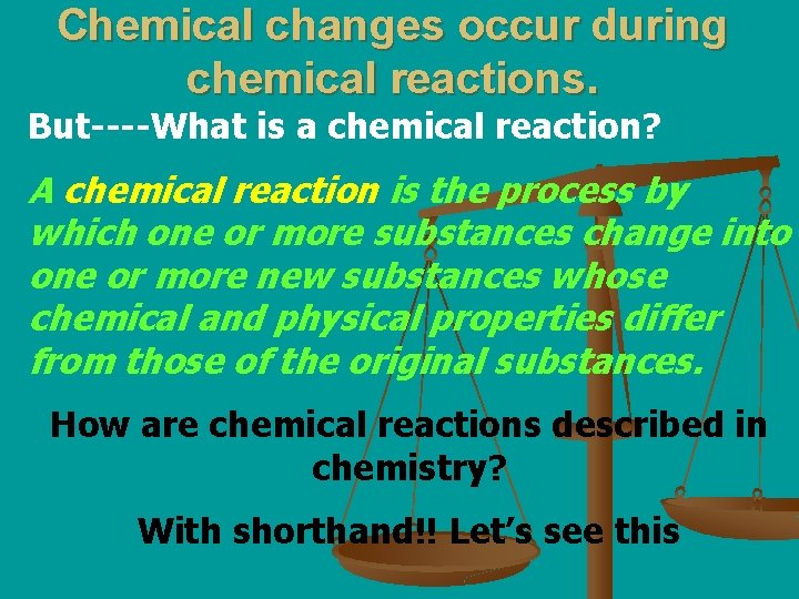 Chemical changes occur during chemical reactions. But----What is a chemical reaction? A chemical reaction