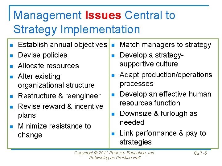 Management Issues Central to Strategy Implementation n n n Establish annual objectives Devise policies