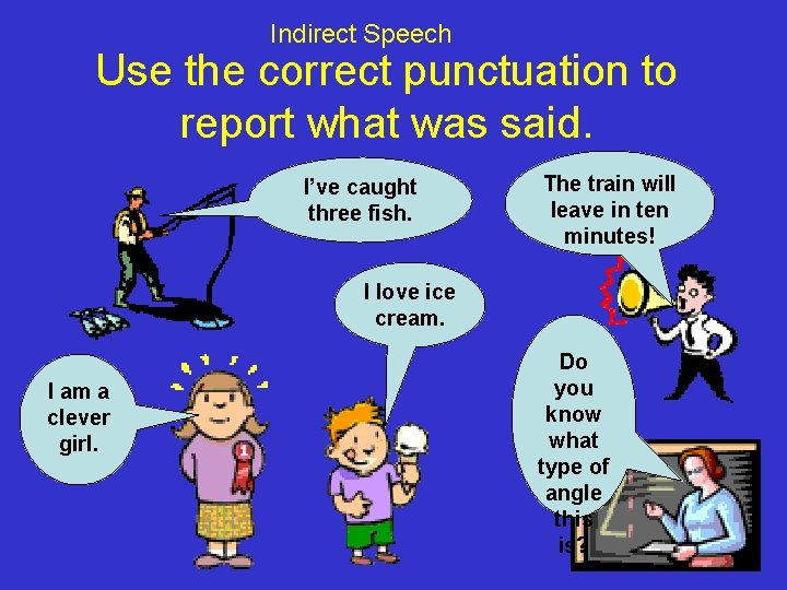 Indirect Speech Use the correct punctuation to report what was said. I’ve caught three