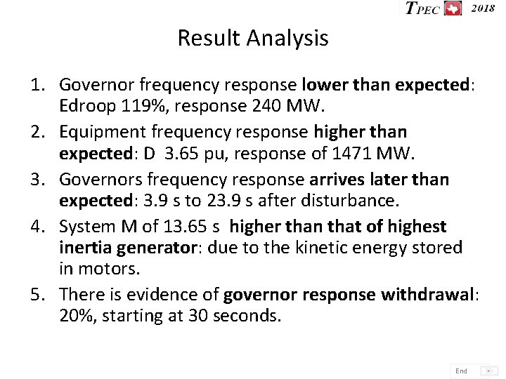 Result Analysis 1. Governor frequency response lower than expected: Edroop 119%, response 240 MW.