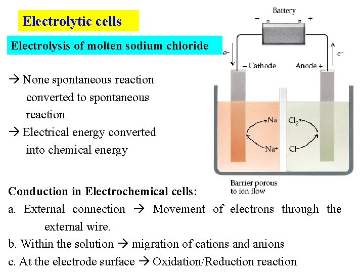 Electrolytic cells Electrolysis of molten sodium chloride None spontaneous reaction converted to spontaneous reaction
