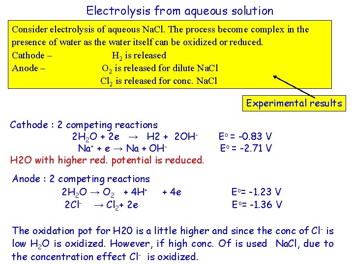 Electrolysis from aqueous solution Consider electrolysis of aqueous Na. Cl. The process become complex
