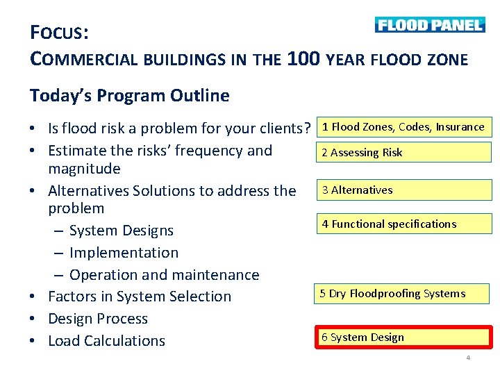 FOCUS: COMMERCIAL BUILDINGS IN THE 100 YEAR FLOOD ZONE Today’s Program Outline • Is