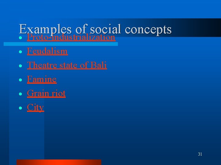 Examples of social concepts · Proto-industrialization · · · Feudalism Theatre state of Bali Examples of social concepts · Proto-industrialization · · · Feudalism Theatre state of Bali