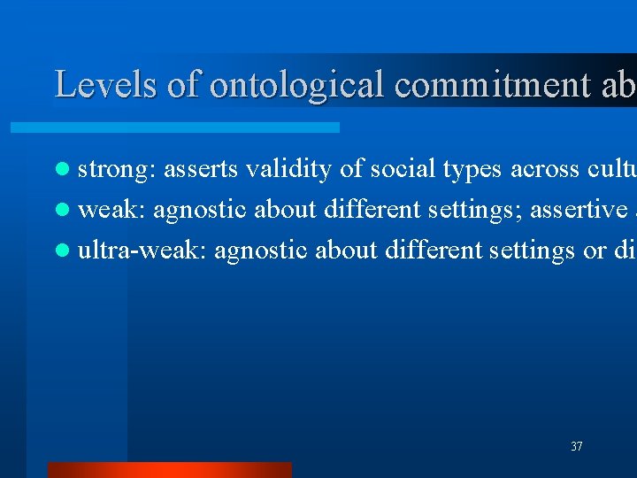 Levels of ontological commitment ab l strong: asserts validity of social types across cultu Levels of ontological commitment ab l strong: asserts validity of social types across cultu