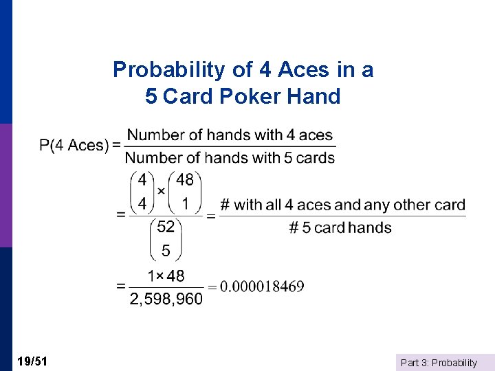 Probability of 4 Aces in a 5 Card Poker Hand 19/51 Part 3: Probability