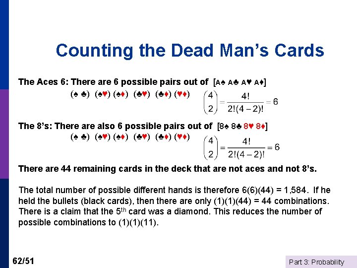 Counting the Dead Man’s Cards The Aces 6: There are 6 possible pairs out